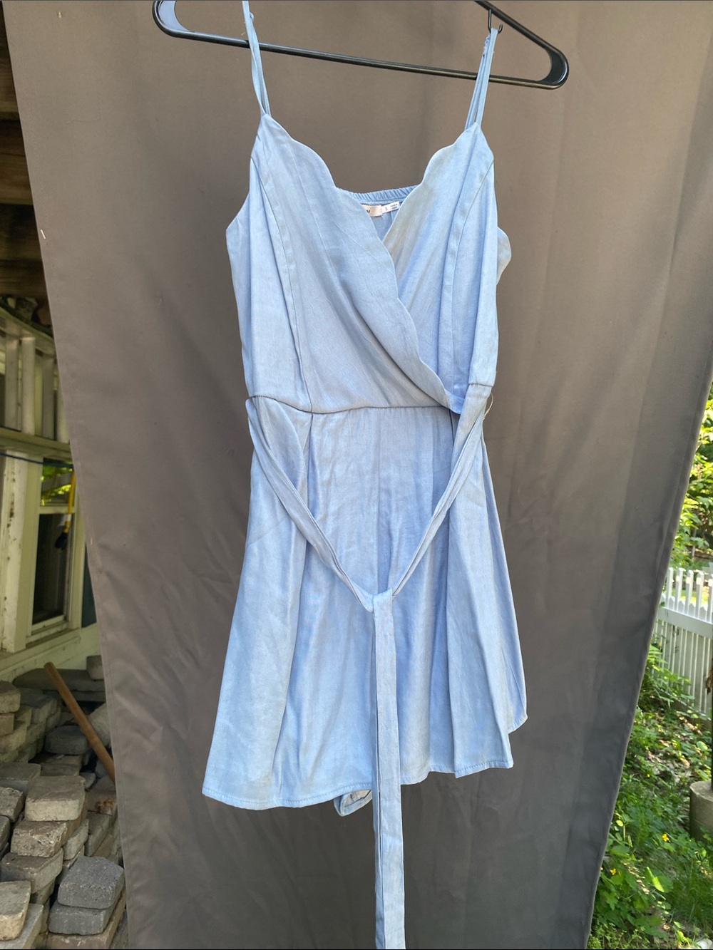 miami Pale Blue Wrap Romper with Tie Waist